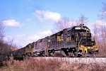 Pittsburgh and Lake Erie, P&LE GP38 2037-2033-2059 leading a northbound coal train on the Monongahela Railway at, Waynesburg, Pennsylvania. March 14, 1987.  